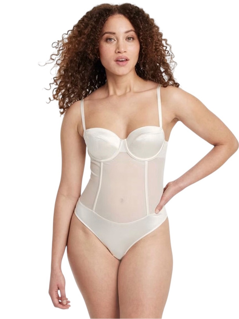 Auden Satin & Mesh Lightly Lined Lingerie Body Suit Cream NWT